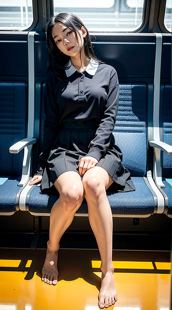 "(Masterpiece, High Definition, Ultra High Definition, 4K) Black hair, 14 years old Japan girl, uniform skirt, emphasizing thighs, white thighs, soft thighs, glossy thighs, sitting on the train, face-to-face angle, (angle from below),sitting in the train seat,Sitting in front,Zoom camera in the ??????,Feet on the train floor,Full body,Looking down and sleepy,Looking at the viewer only", best quality, ultra high definition, (photorealistic:1.4),, high resolution, detail, raw photo, sharp re, Nikon D850 film stock photo by Lee Jefferies 4 kodak portra 400 camera f1.6 lens rich colors hyper realistic lively textures dramatic lighting unreal engine artstation trends cinestir 800,