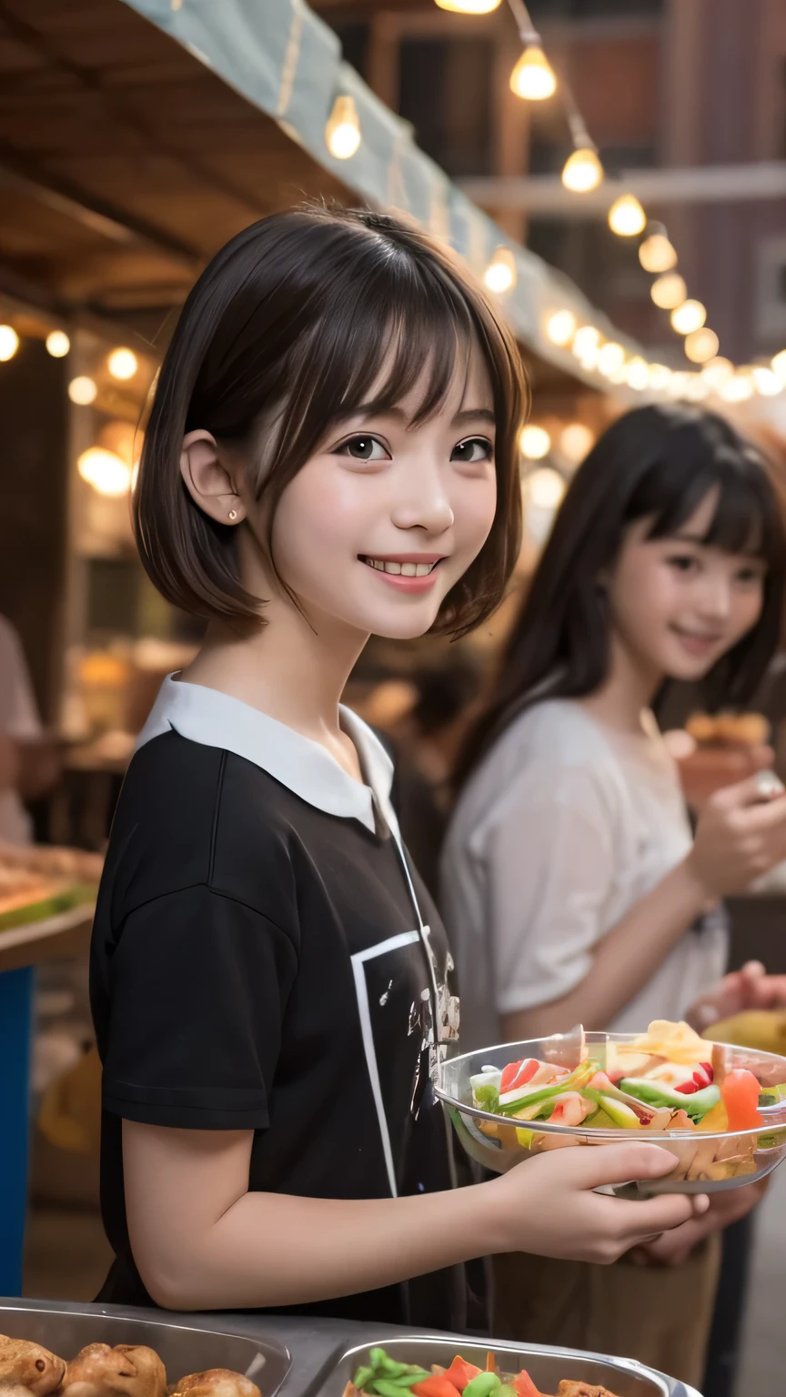 Best picture quality (8K, high resolution, Masterpiece: 1.2), super detailed, 215 Short Hair, 16-year-old woman,
situation: At the yo-yo fishing stand、Children are enthusiastically fishing for yo-yos。
detailed:
angle: Children's hands and、A shot showing the colorful balloons of the fished yo-yo。
atmosphere: The innocent smiles of children、Capturing the heartwarming moments of parents watching over their children。
background: Colorful lighting of the food stalls、A lively night scene with the lights of other food stalls。
, random cute pose ,big eyes ,Puffy eyes , Heart Pupil, blush , huge shy smile , salute