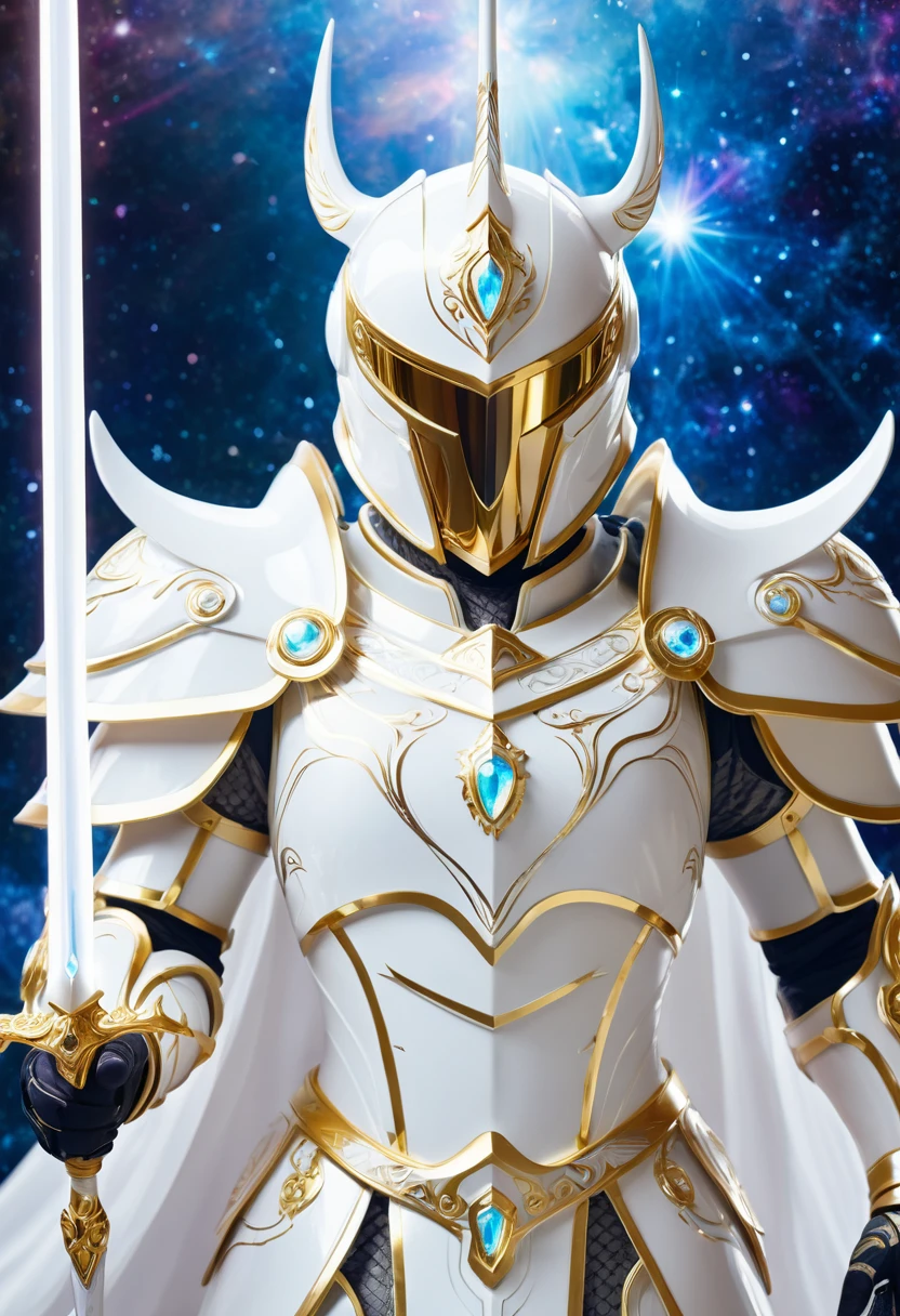 detailed white shining armor, detailed white helmet, detailed large white sword, mystic golden jewels in the armor, cosmic white hole background, white aura, white neon lights