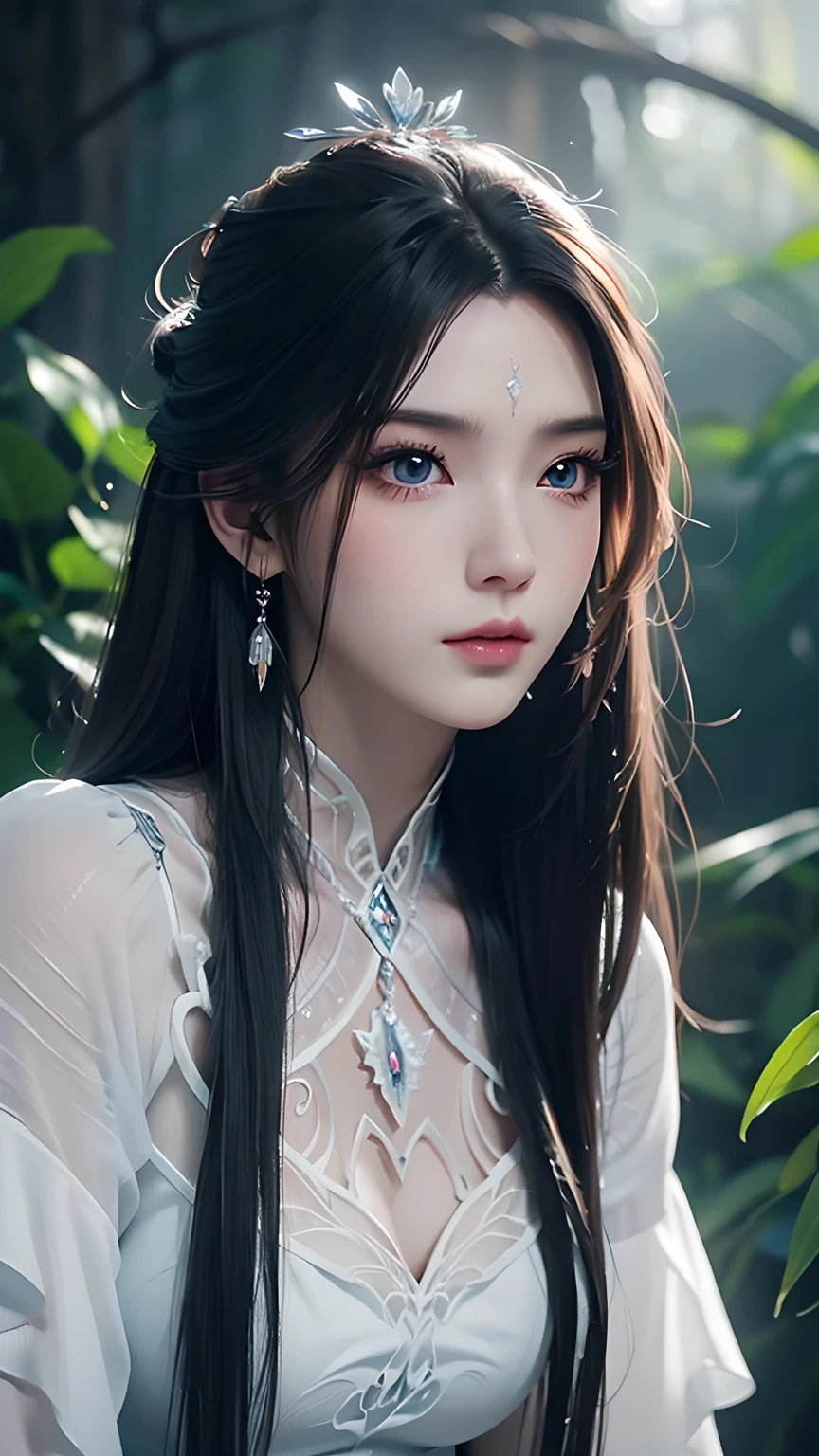Beautiful semi-three-dimensional style，((Enchanting royal sister))，Oversized upper body，Clothing glows fluorescence，masterpiece，(Best quality)，Warm and cold coordination，，(Extremely detailed CG unity 8kwallpaper)，blue eyes，Delicate eyes）（Messy hair），Colored tip，Black inner hair，Intricate filigree，Volumetric Lighting，jungle，Tyndall Effect，A sense of colorful atmosphere，Halation，Best quality，（masterpiece：1.35），wallpaper，（illustration），Original，Delicate accessories，Flowing long hair，Messy hair，Black fog surrounds，Dense forest，Big red lantern，A large number of light particles，magic，Flowing ripples，(Best quality)，Fine details，Watercolor effect，Ink splash，Pink floating clouds，lightning，Hydration，gradient，Extra long hair，Delicate face，((Exquisite facial features)，((Long eyelashes)))，((Enchanting and charming))，Red pupils，Classical temperament，cartoon，Beautiful and exquisite，Jungle Adventure，Temperament confidence，8K，Women's whole body，arrogant，enthusiasm，Beauty，(Full body close-up)，Dreamy and beautiful，Depth of Field，Macro lens，Queen temperament，Sexy long legs，Big boobs。
