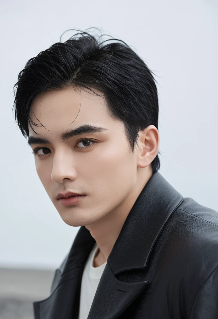 There is a young man, with black hair, staring to the side, with gloomy air, masterpiece, best quality, realistic, 1 man, male focus, handsome, [thick eyebrows], portrait, extremely detailed face, black hair, (short hair)
