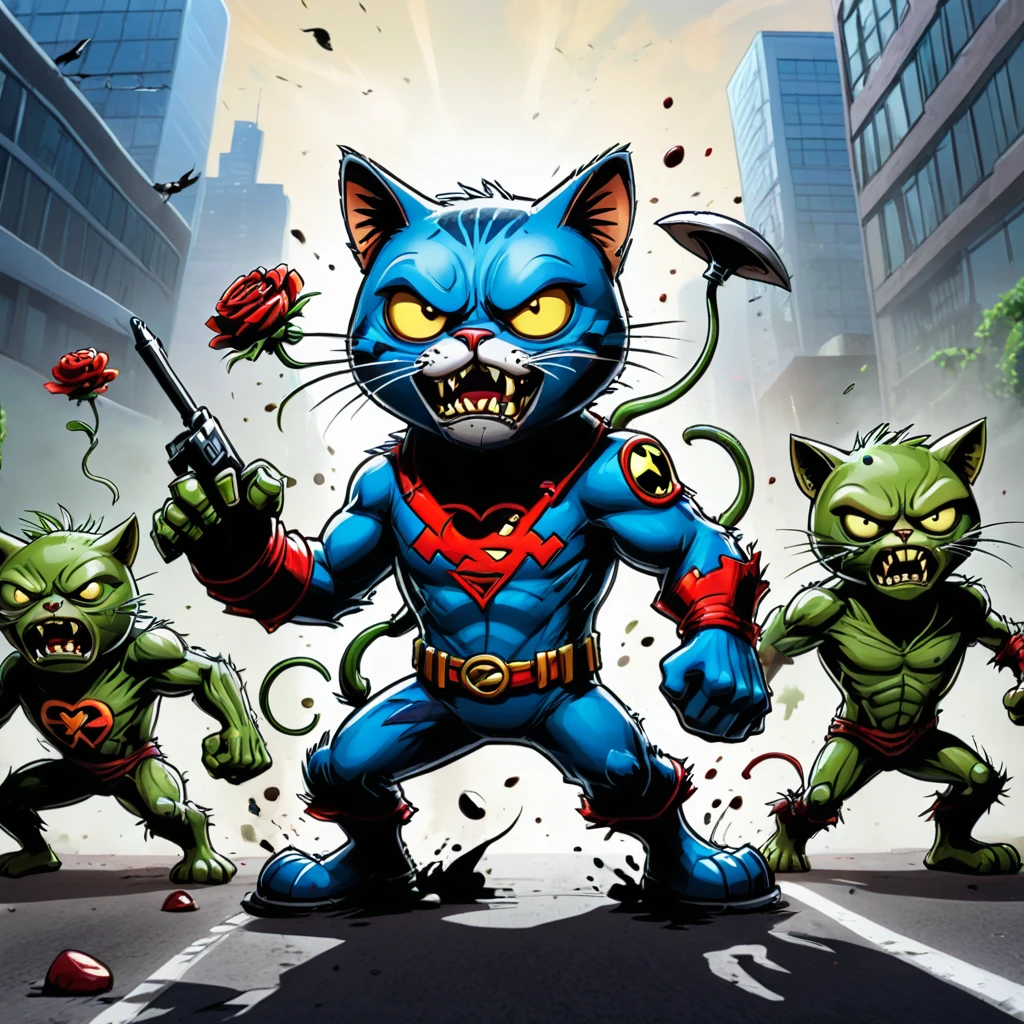 An incredibly beautiful and fantastic picture captures a scene from the legendary battle of superhero anthropomorphic anthropomorphic cats in superhero costumes with scary and ruthless zombies, the theme is "the theme of Plants vs. Zombies", full compliance with the theme, in detail and in detail, incredibly masterpiece