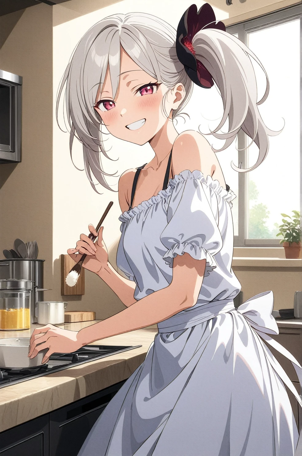 best quality, amazing quality, very aesthetic, absurdres, (1girl, mutsuki, blue archive, solo, red eyes, white hair, side ponytail), (realistic face:0.9),(off-shoulder dress:1.8),dress lift, (grin, blush, thigh:1.3), (cowboy shot), (glowing eyes), (half closed eyes:0.9), (from side:2),(official art:1.3), (kitchen), expressive eyes, perfect face, 4k, extremely detailed anime illustration, extremely detailed eyes, perfect anatomy, light rays, extremely delicate body, smooth skin, (school background:1.5), clear eyes, beautiful face, small breasts,(anime style:1.7), (Tan skin:0.8), (highres:2), In the kitchen, brightly lit by the morning sun, a woman in a white apron is smiling at us. In her right hand is a handful of rice balls, and in her left is a small white plate filled with salt. Her smile is as if she is saying, "Look, it's almost ready.