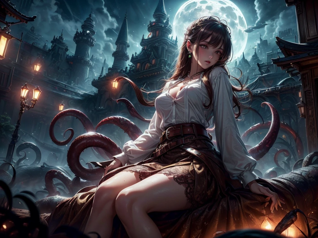 ((1 girl, One, mature , lush, White shirt, brown belt, jewelry, lace, brown skirt, necklace, earrings )),((girl undresses in front of the viewer,from below erotically reclining or sitting, Capture the moment, when her clothes come off )) shiny skin, shiny body, cat ear, Red hair (Very long hair), floating hair, yellow eye, bright skin, tentacle, big tentacle (tentacles everywhere). (dark lighting) luminous (ancient underground fantasy world) , dynamic angle, depth of field, (((on open air,abandoned Tokyo Disneyland, Moonlight night, starry sky, cloud ))), ((masterpiece)), ((Best quality)), ((top quality)), ((ultra detailed)), ((8 k cg wallpaper)), ((very gentle and beautiful)), ((illustration)), (A high resolution), in the night, яркий creepy, creepy:1.3, atmospheric:1.6, charming, Dark) Unreal engine, (Best quality,4K,8 k,A high resolution,masterpiece:1.2),ultra detailed,(realistic,photorealistic,photo-realistic:1.37), mesmerizing eyes, juicy lips, A game of shadows, ((small breasts))