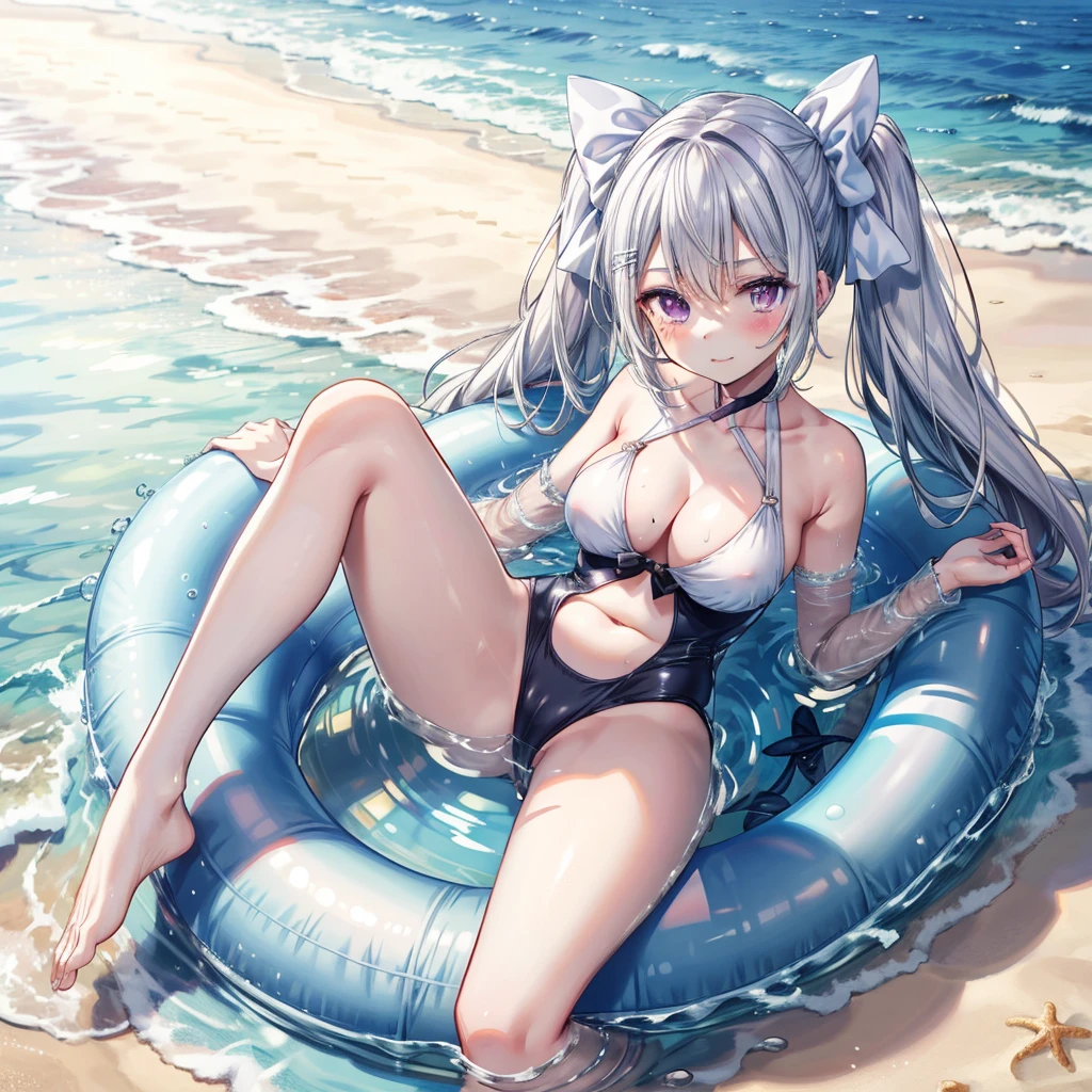 ((Highest quality)), ((masterpiece)), (detailed), an anime girl, in white bikini, on large circular floatie, 1girl, beach, 独奏, swimsuit, barefoot, one-piece swimsuit, sand, purple eyes, twintails, wet, spread legs, covered navel, breasts, lying, blush, on back, white one-piece swimsuit, looking at viewer, outdoors, long hair