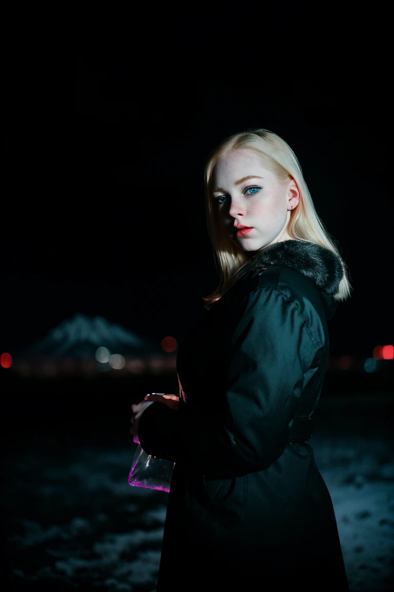 Analog photography featuring a melancholic American adult model (Ivy Snow) amidst the shadows of a dimlit mountain at night, blonde curvy-girl (18yo, Smokey eyes, very pale skin(PORCELAIN SKIN), large breasts, tightened thighs, Chubby blonde-girl)-Bold pink-lips, Pout face expression. Her bright blue-eyes(piercing through the darkness). Standing all in CANDID poses, and holding a plastic-bag. The photograph captures the cold and foggy of the night(with its Sad atmosphere and the sense that something oppressive is about to unfold). A subtle haze and a soft focus on the background enhance the quality of the image, (backlighting), Horror movie effects, The natural light casts long shadows, accentuating the desaturated colors and oppressive & frost atmosphere of this vintage-photography-style image. A 70mm grainy film captures the scene, with a bokeh effect softening the focus, -enhancing the overall composition. FROM THE BELOW VIEW
