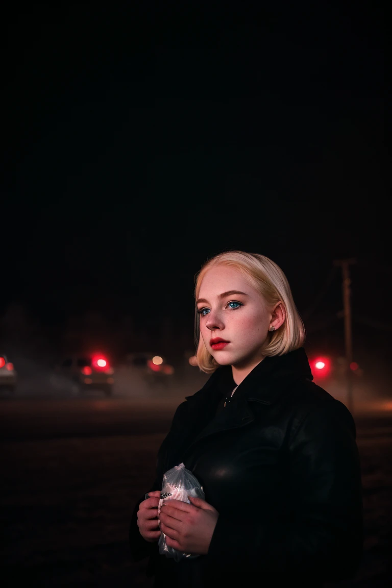 Analog photography featuring a melancholic American adult model (Ivy Snow) amidst the shadows of a dimlit mountain at night, blonde curvy-girl (18yo, Smokey eyes, very pale skin(PORCELAIN SKIN), large breasts, tightened thighs, Chubby blonde-girl)-Bold pink-lips, Pout face expression. Her bright blue-eyes(piercing through the darkness). Standing all in CANDID poses, and holding a plastic-bag. The photograph captures the cold and foggy of the night(with its Sad atmosphere and the sense that something oppressive is about to unfold). A subtle haze and a soft focus on the background enhance the quality of the image, (backlighting), Horror movie effects, The natural light casts long shadows, accentuating the desaturated colors and oppressive & frost atmosphere of this vintage-photography-style image. A 70mm grainy film captures the scene, with a bokeh effect softening the focus, -enhancing the overall composition. FROM THE BELOW VIEW