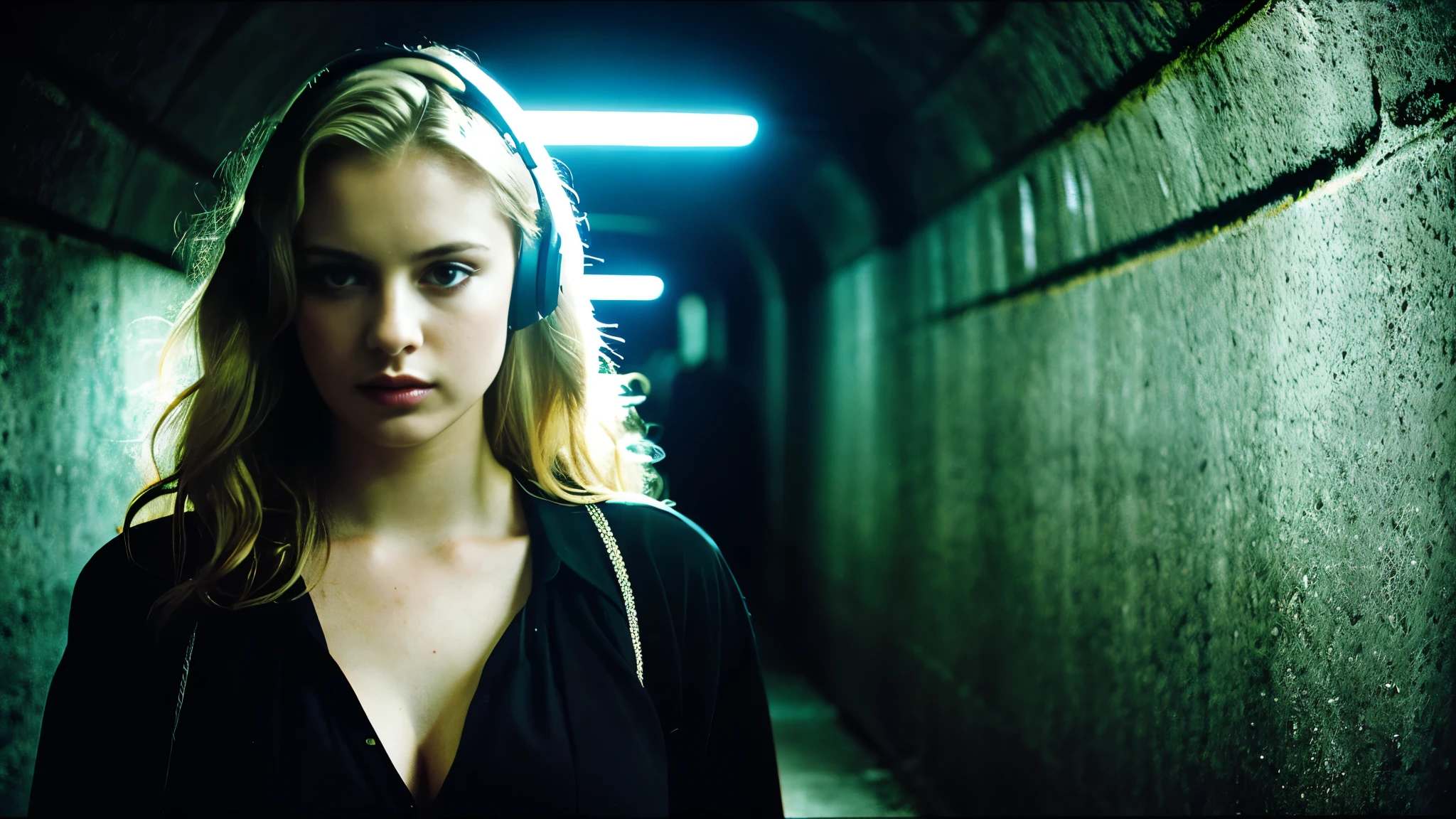 Beautiful blonde with big breasts in black mode casual (In a dark tunnel、sit),Wearing headphones,Very detailed, 21 years old, Innocent face, Wavy Hair, blue eyes, High resolution, masterpiece, Highest quality, Intricate details, Very detailed, Clear focus, Delicate skin, practical skin texture, texture, Delicate eyes, Professional, 4K, Sad face,despair、 Shot with Canon, 85mm, Shallow and deep, Kodak Vision Color, Exactly, Very detailed, photograph_\(Extremist\), photographpractical, practical, Post-processing, Maximum details, Roughness, Real Life, Extremist practical, Photorealism, photographgraphy, 8K Ultra HD, photographgraphy
