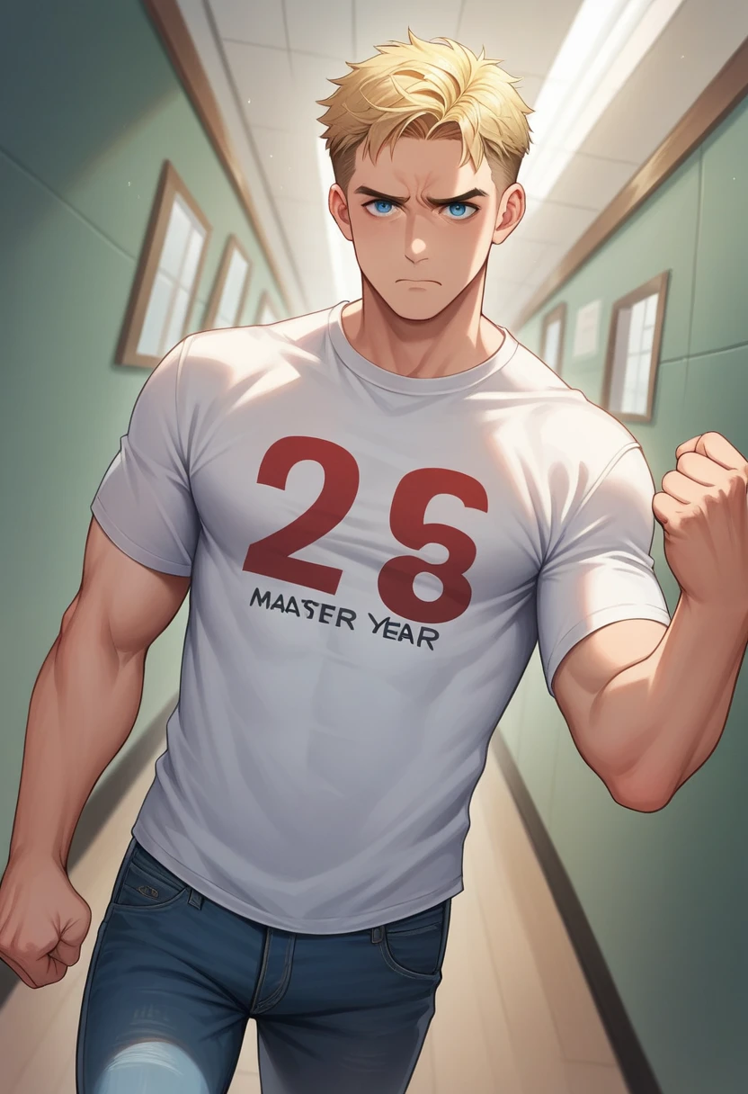 Illustration, detailed illustration, ultra detailed, masterwork, 1boy, 20 year old man, handsome, toned, sad expression, anguished expression, upward angle, dynamic angle, looking at viewer, short blonde hair, blue eyes, hallway, rugby shirt, jeans, clenched fist