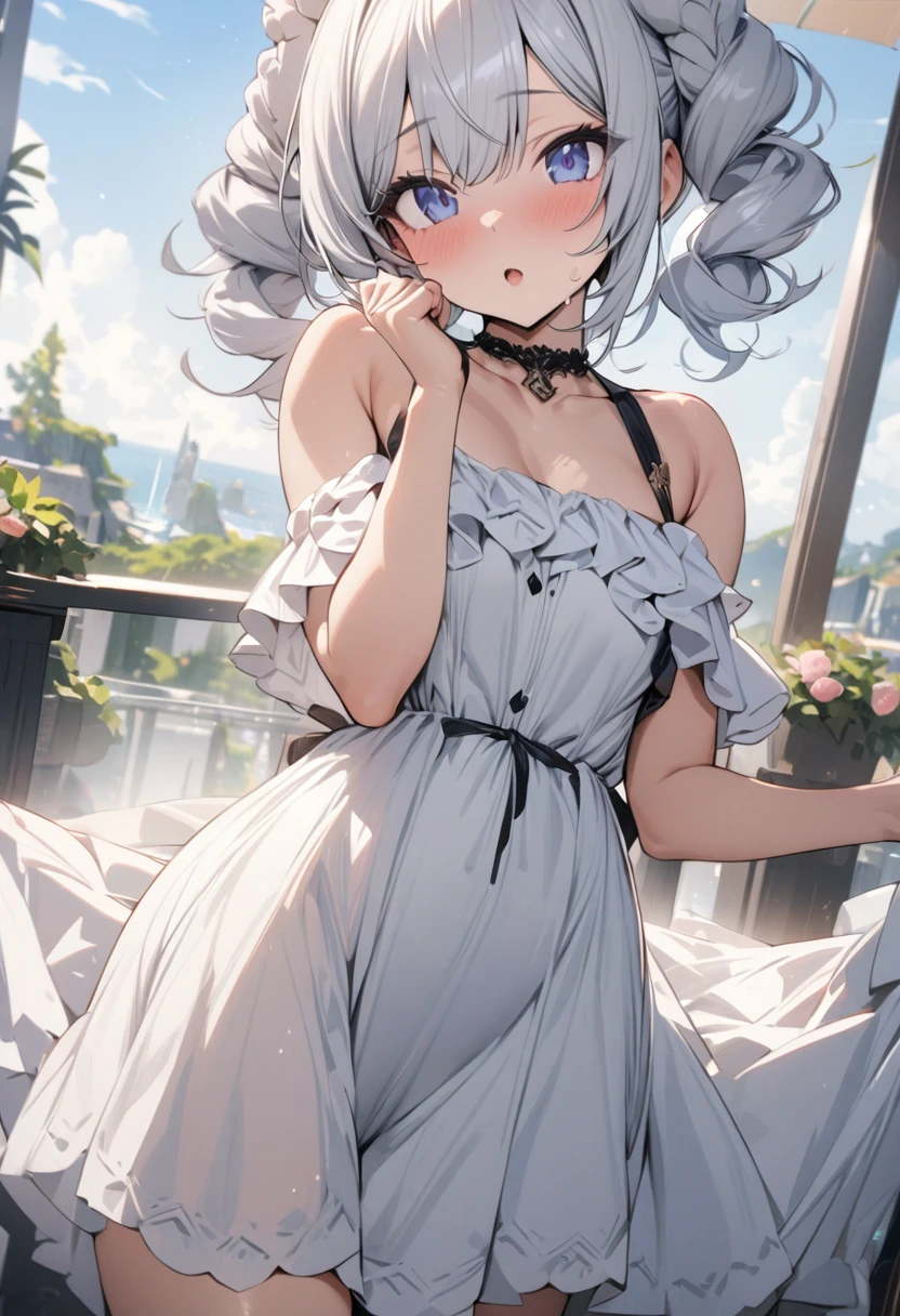 masterpiece, best quality, extremely detailed, girl,whit hair,(((like a soft serve ice cream hair style ))),dress