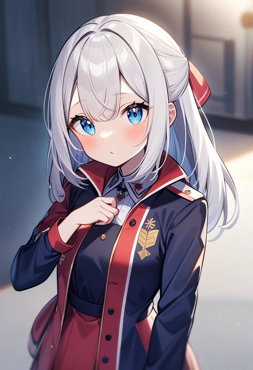 One girl, Alisa Mikhailovna Kujo,Tomorrow, my friend, Arya-san, will be visiting Russia.,alone, Long Hair, Eyebrows visible through hair, Hair between the eyes, Silver Hair, Hair Ribbon, blue eyes, Medium chest, ,Long sleeve, Jacket,