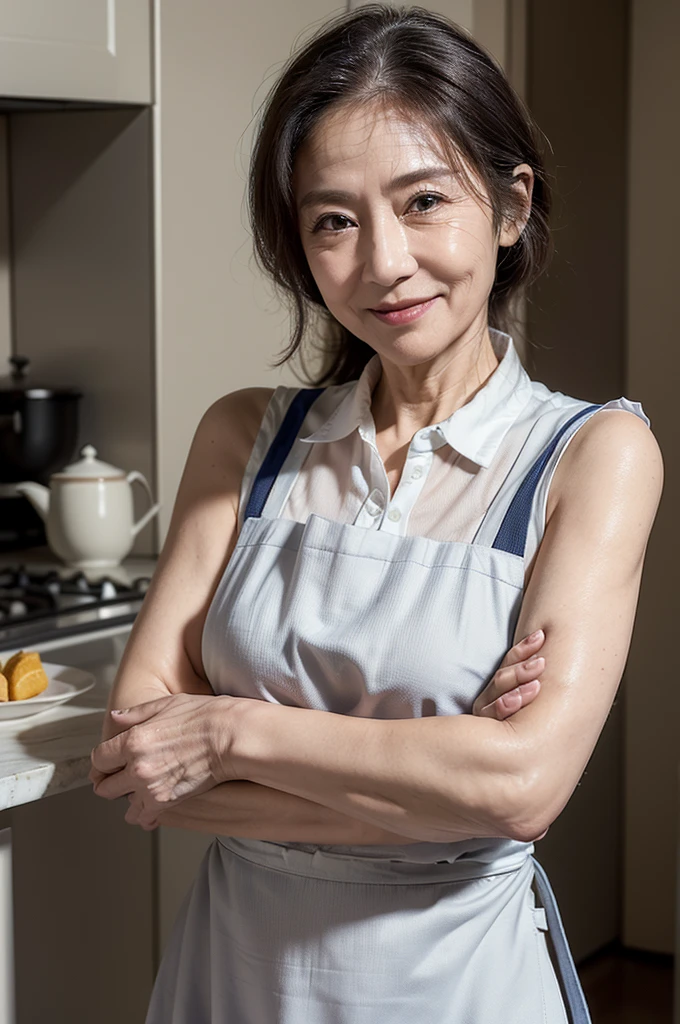 (masterpiece:1.4),(58 years old female :1.5),(Facial wrinkles:1.2), (Long Hair : 1), gentle smile, beautiful Mature Woman, (White apron : 1.3), (short-sleeve collared shirt : 1.2), pores, Skin blemishes, fleckled skin, realistic detailed skin, (Plump arms : 1.3), kitchen