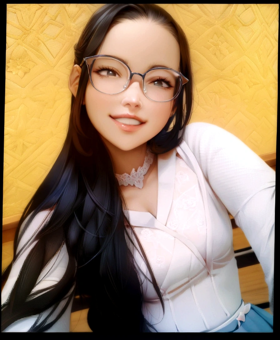 (A small chest:1.3),(Masterpiece, Best quality:1.4), (Beautiful, Aesthetic, Perfect, Delicate, Intricate:1.2),((Best quality)), ((Masterpiece)), (Detailed),(A high resolution:1.2), Classroom, An adult female, Smiling Claudia Chever, Red shirt, White skirt, Glasses, Bend over, angle of view,