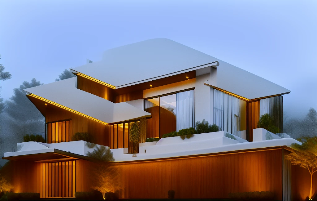 3D render of a beautiful house, Dark, gray tones, white wall. lumion render, night time render, insanely detailed rendering, realistic architecture, architectural visualization. The staircase leading into the house is tiled with black marble and has bright LED lights. Behind are hills and mountains with clear blue sky. The house with a large porch to sit and drink tea and LED lights, there is a large patio with a POOL, pine trees, grass, garden stones, roses, modernism, vivid and detailed, zen garden, lush garden surroundings, residential design, lush landscaping, dense with greenery, pristine and clean design, clean and pristine design. FLOWER GARDEN OF THE HOUSE WITH GREEN TREES AND LIGHTS. The main door is made of black aluminum and glass reaching up to the ceiling. Looking through the glass windows to look inside the house with luxurious interiors with luxurious and warm lights, interior lighting rendering and lighting effects. marble and wood and glass, dark and modern, luxcore render, taken with professional photography techniques, using a wide angle lens with bright natural light and high resolution details, in the style of professional photograph, hyper realistic, highly detailed.