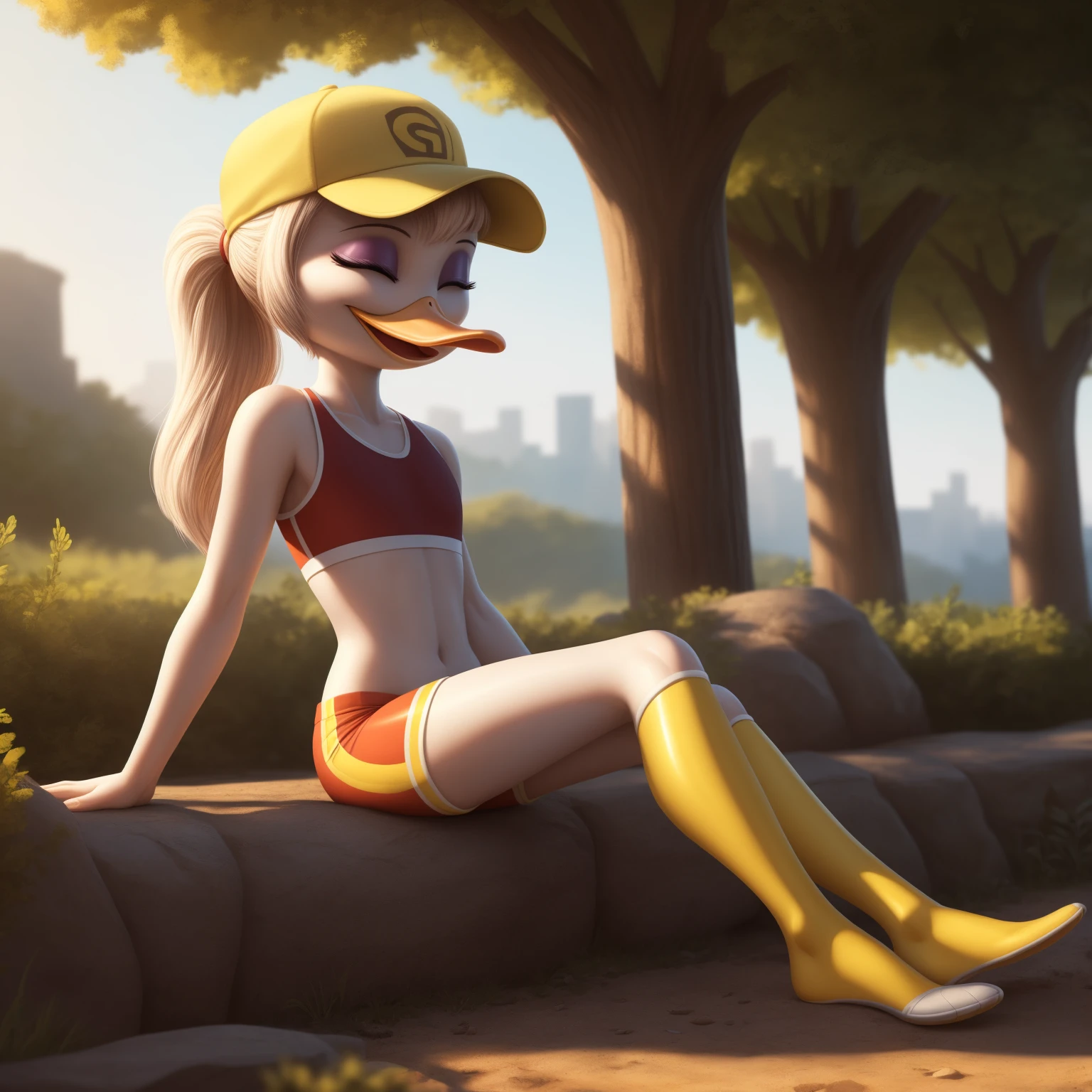 photorealism, adult female duck, Ginger Duck, detailed background, cartoon, outside, eyeshadow, cartoon beak, front long white hairstyle, back long white ponytail hairstyle, cartoon, (flat chested), (cartoon yellow legs: 1.5), happy, smiling, ducktales 2017, mouth closed, cartoon webbed feet

wear yellow sports bra, skinny yellow shorts, intricate, detailed, wears red and yellow cap hat, (sitting while showing her torso)

Eyes closed, detailed, intricate, (long skinny torso 1.3),

Best quality, (detailed white skin:1.4), (looking at the, 8k hd, (soft cinematic light:1.1) ,