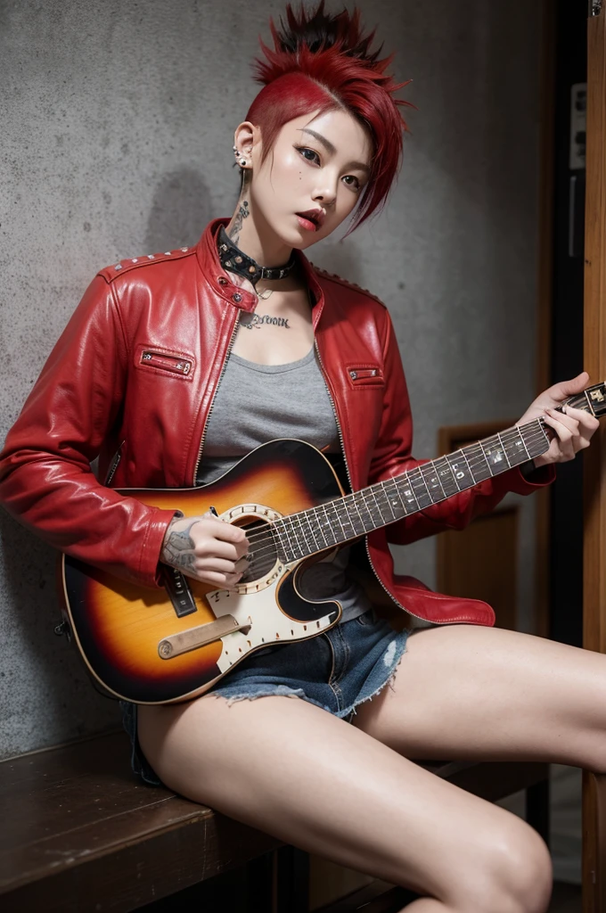 live house、Japanese young beautiful girl idol、Red Mohawk、Punk Fashion、Expose large breasts、Leather jacket with studs、Naked with a guitar between his legs、Tattoo、Giving a blowjob to an old man&#39;s erect penis、Spread your legs and expose your genitals
