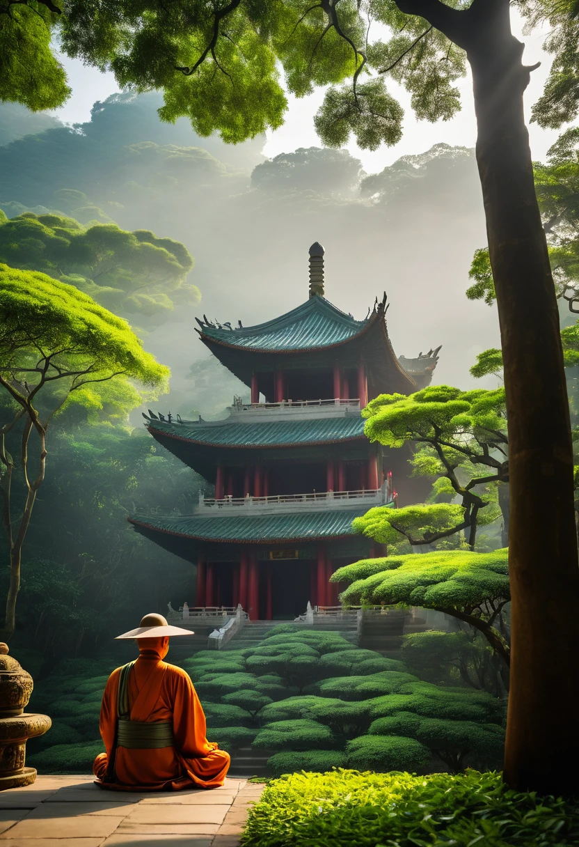  A Chinese temple in the middle of a lush green forest during a serene morning, a monk wearing a jingasa hat sits in deep meditation, the vibrant greenery surrounds the ancient temple, morning light filtering through the trees, soft mist in the air, Photography, captured with a Canon EOS R5, 50mm lens, f/1.8, --ar 16:9 --v 5