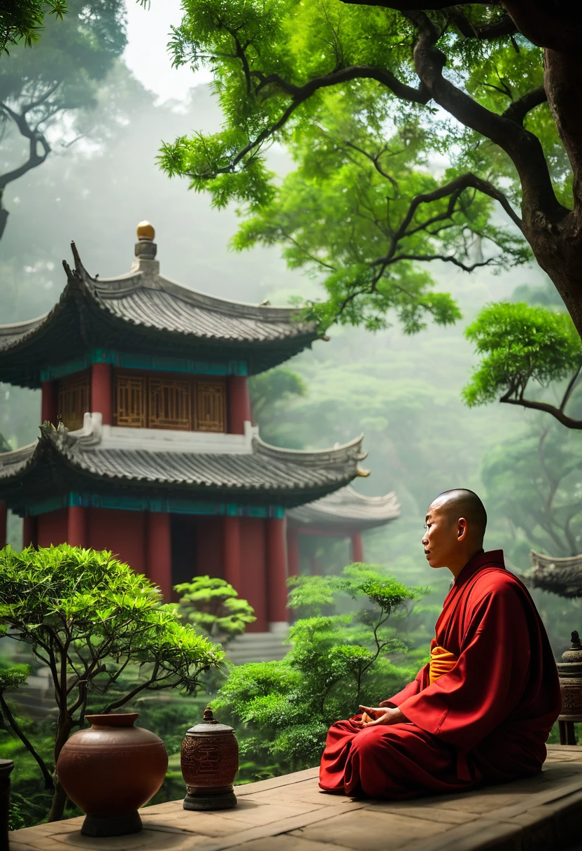 A Chinese temple in the middle of a lush green forest during a serene morning, a monk wearing a jingasa hat sits in deep meditation, the vibrant greenery surrounds the ancient temple, morning light filtering through the trees, soft mist in the air, Photography, captured with a Canon EOS R5, 50mm lens, f/1.8, --ar 16:9 --v 5