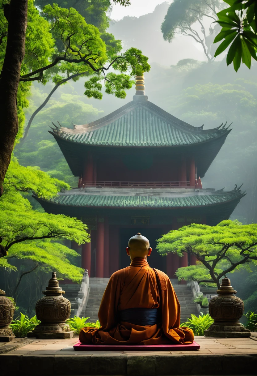 A Chinese temple in the middle of a lush green forest during a serene morning, a monk wearing a jingasa hat sits in deep meditation, the vibrant greenery surrounds the ancient temple, morning light filtering through the trees, soft mist in the air, Photography, captured with a Canon EOS R5, 50mm lens, f/1.8, --ar 16:9 --v 5