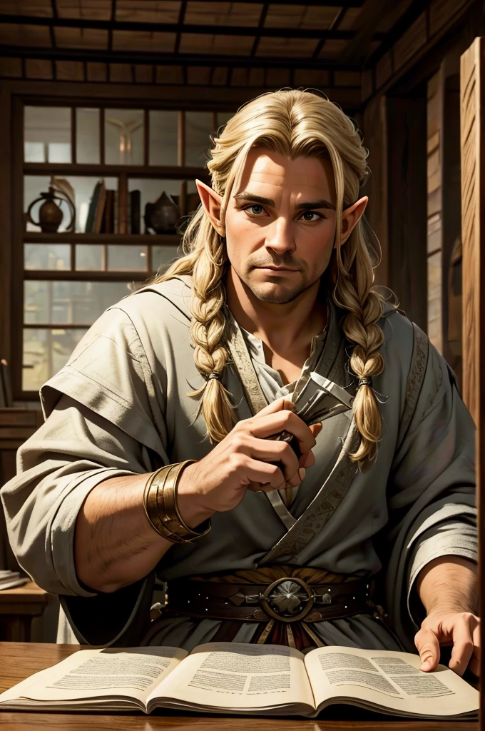 magical bracers, a large curved blade, hair braided, A sword is on the table in front of him, a 40-year-old Male Elf is sitting behind a table filled with papers and open books the background an office or a library with lots of papers and maps on the wall. He is wearing a Taoist cleric robe. There is a sword on the table.