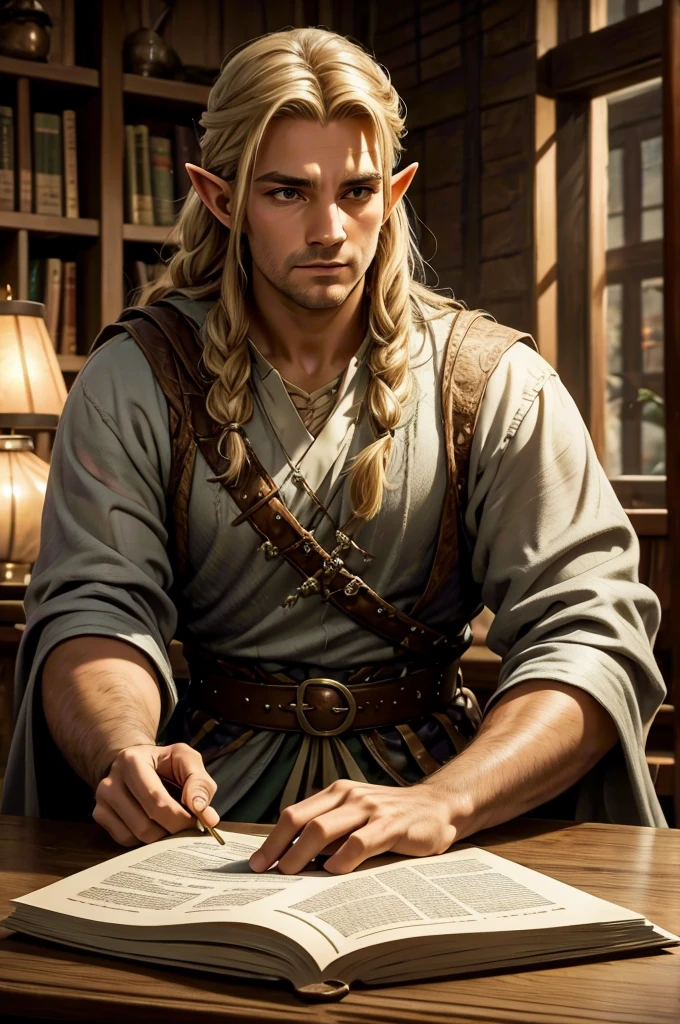 magical bracers, a large curved blade, hair braided, A sword is on the table in front of him, a 40-year-old Male Elf is sitting behind a table filled with papers and open books the background an office or a library with lots of papers and maps on the wall. He is wearing a Taoist cleric robe. There is a sword on the table.
