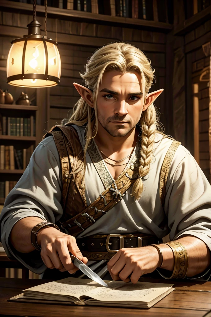 magical bracers, a large curved blade, hair braided, A sword is on the table in front of him, a 40-year-old Male Elf is sitting behind a table filled with papers and open books the background an office or a library with lots of papers and maps on the wall. He is wearing a Taoist cleric robe. There is a sword on the table.
