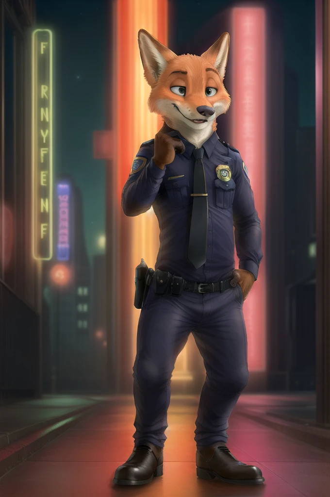 (energetic, by honovy, от zenthetiger, from Sausch), Nick Wilde, male, Fox, One, tie, safe, dressed, green eyes, Police uniform,heels, standing, city, Street, Tokyo, Akihabara, neon lights, night, tail