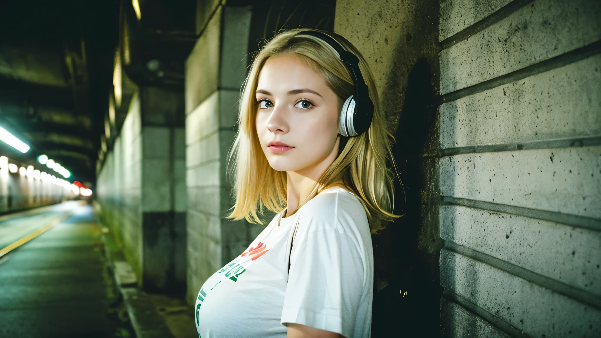 Beautiful blonde with big breasts in a T-shirt (In the tunnel late at night、walk),Wearing headphones,Very detailed, 21 years old, Innocent face, Ponytail Hair, blue eyes, High resolution, masterpiece, Highest quality, Intricate details, Very detailed, Clear focus, Delicate skin, practical skin texture, texture, Delicate eyes, Professional, 4K, Sad face,despair、 Shot with Canon, 85mm, Shallow and deep, Kodak Vision Color, Exactly, Very detailed, photograph_\(Extremist\), photographpractical, practical, Post-processing, Maximum details, Roughness, Real Life, Extremist practical, Photorealism, photographgraphy, 8K Ultra HD, photographgraphy