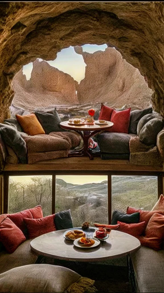 The room has a large window.、A sofa is placed between the round table.2Legs facing each other。A sumptuous breakfast is served on the round table.。There are cushions lined up on the sofa。cave、Cozy room、Cozy sofa、Healthy breakfast、Cozy environment、Cozy aesthetics、Cozy sofa、Comfortable sofa、cave
