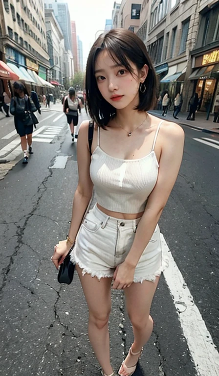 Beautiful woman,Playing with your cell phone in the middle of the street,Low cut hip toe, Short clothes