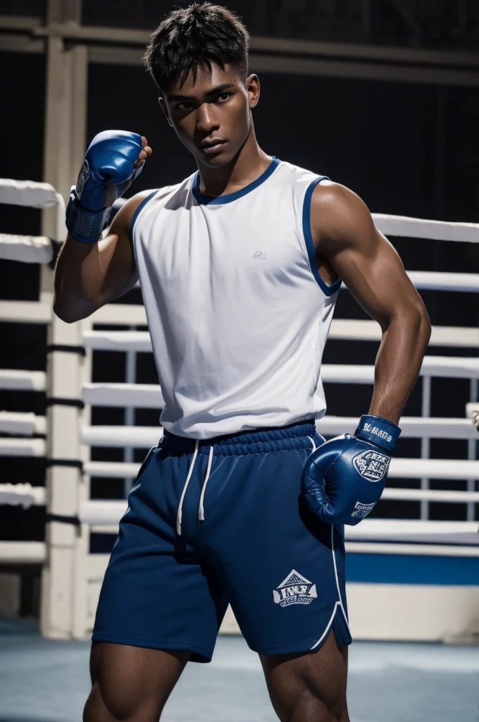 Cowboy Shot,realistic,best quality,Masterpiece,realistic,(detailed face),Detailed background,incredible light,1 boy,boxing gloves,focus man,alone,black skin,dark skinned man,stalwart,shorts,blue shorts,movie gesture,