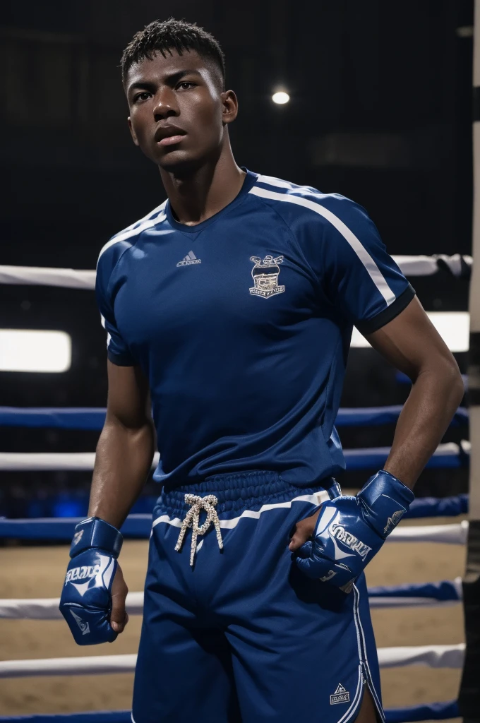 Cowboy Shot,realistic,best quality,Masterpiece,realistic,(detailed face),Detailed background,incredible light,1 boy,boxing gloves,focus man,alone,black skin,dark skinned man,stalwart,shorts,blue shorts,movie gesture,