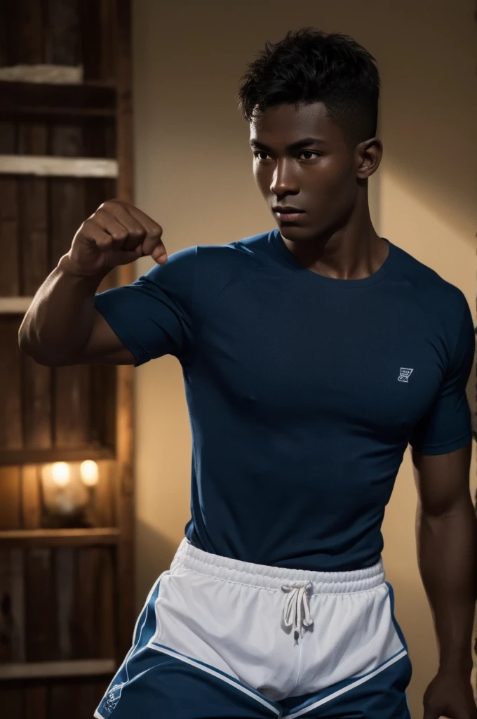 Cowboy Shot,realistic,best quality,Masterpiece,realistic,(detailed face),Detailed background,incredible light,1 boy,boxing gloves,focus man,alone,black skin,dark skinned man,stalwart,shorts,blue shorts,movie gesture,