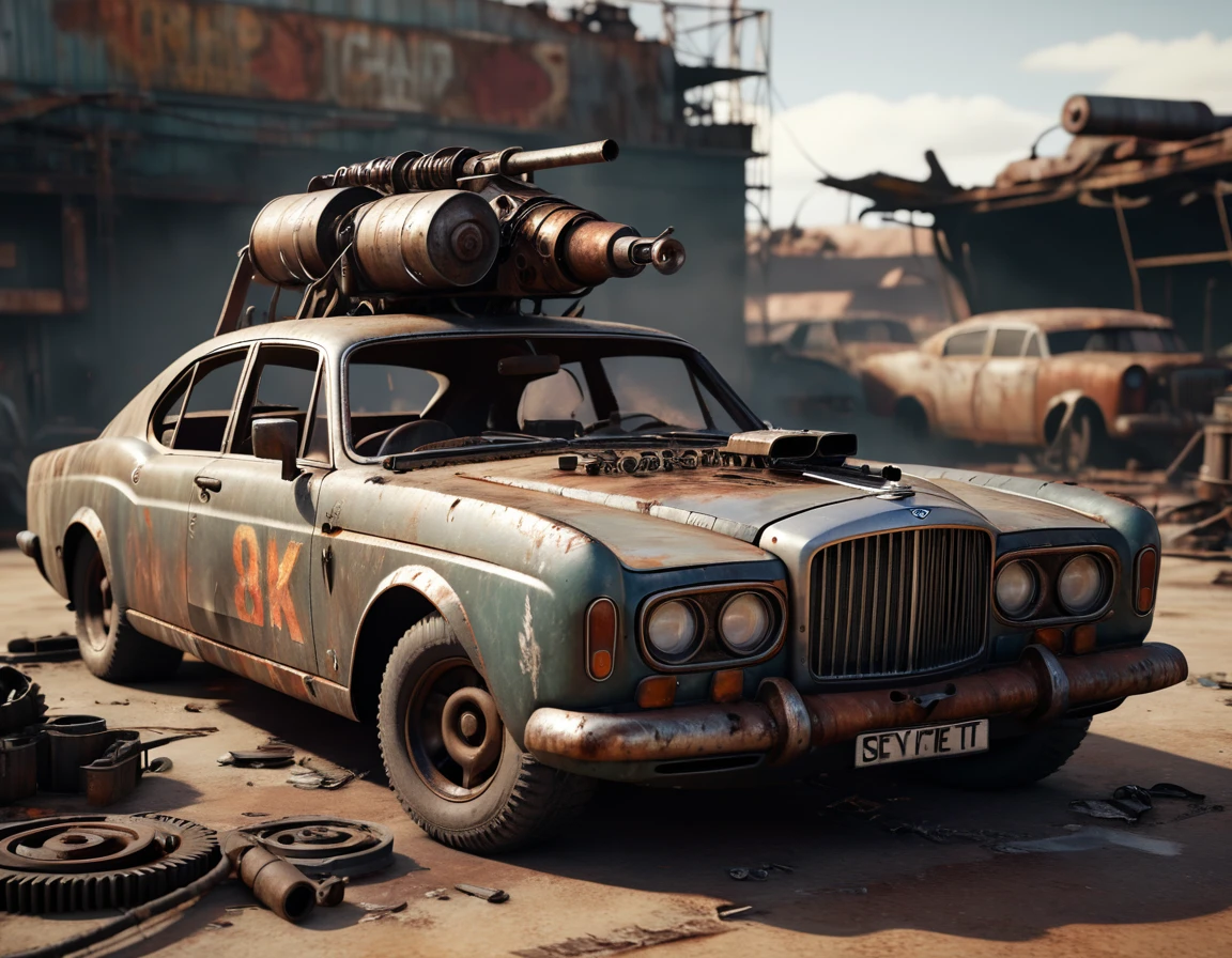 A old Bentley charger made of scrap metal, buzz saw launcher on the roof, post-apocalyptic, rusty, detailed grungy texture, without hood, weathered, worn, battle-damaged, dramatic lighting, cinematic, dystopian, muted colors, gritty, realistic, 8k, high quality, detailed description [Without Hood] [Mad Max style]