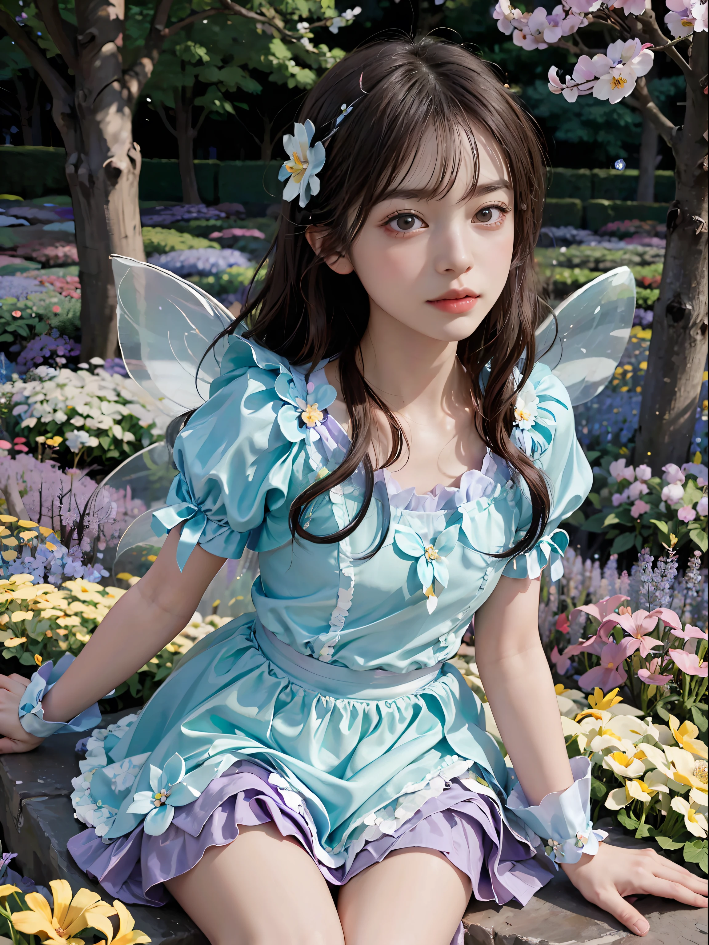 (masterpiece, Highest quality), (Flower Fairy:1.2), Cowboy Shot, Thighs, (Beautiful fairy:1.2), (Flowers:1.3), (Lots of small petals:1.3), (garden:1.3), blue sky, View your viewers, Narrow waist, Official Art, RAWphotograph, Incredibly absurd, Face Light, Dynamic Lighting, Cinema Lighting, Ultra-realistic, High resolution, photograph, Sharp focus, Most detailed, Super detailed, Highly detailed eyes and face