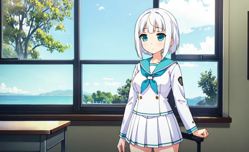 (masterpiece), classroom, 1girl, medium hair, white hair, (aqua eyes:1.2), (white sailor collar:1.2), serafuku, white skirt, pleated skirt nsfw show panties open legs