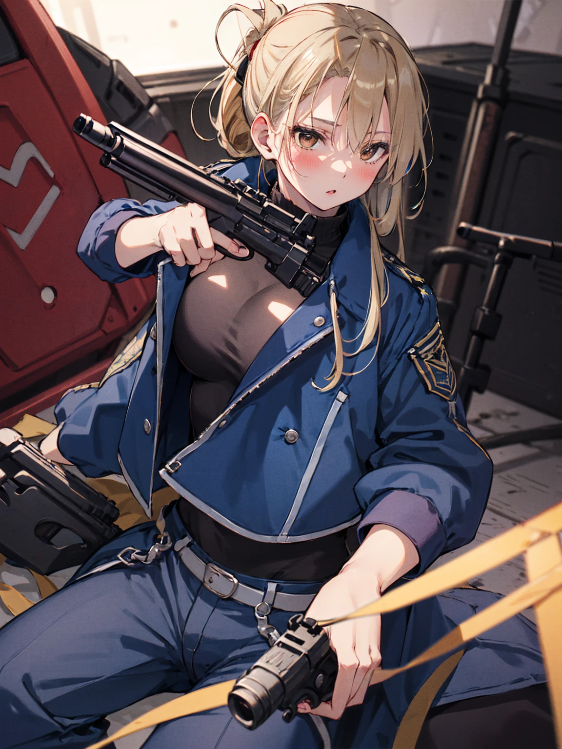 masterpiece, Highest quality, High resolution, One girl, (Blue jacketの下にBlack innerwearを着ている), Folded ponytail, Brown eyes, , uniform, Blue jacket, Blue pants, ,Big Breasts, Black innerwear, (Bend down and shoot your gun:1.3), blush, (Ready your gun?)
