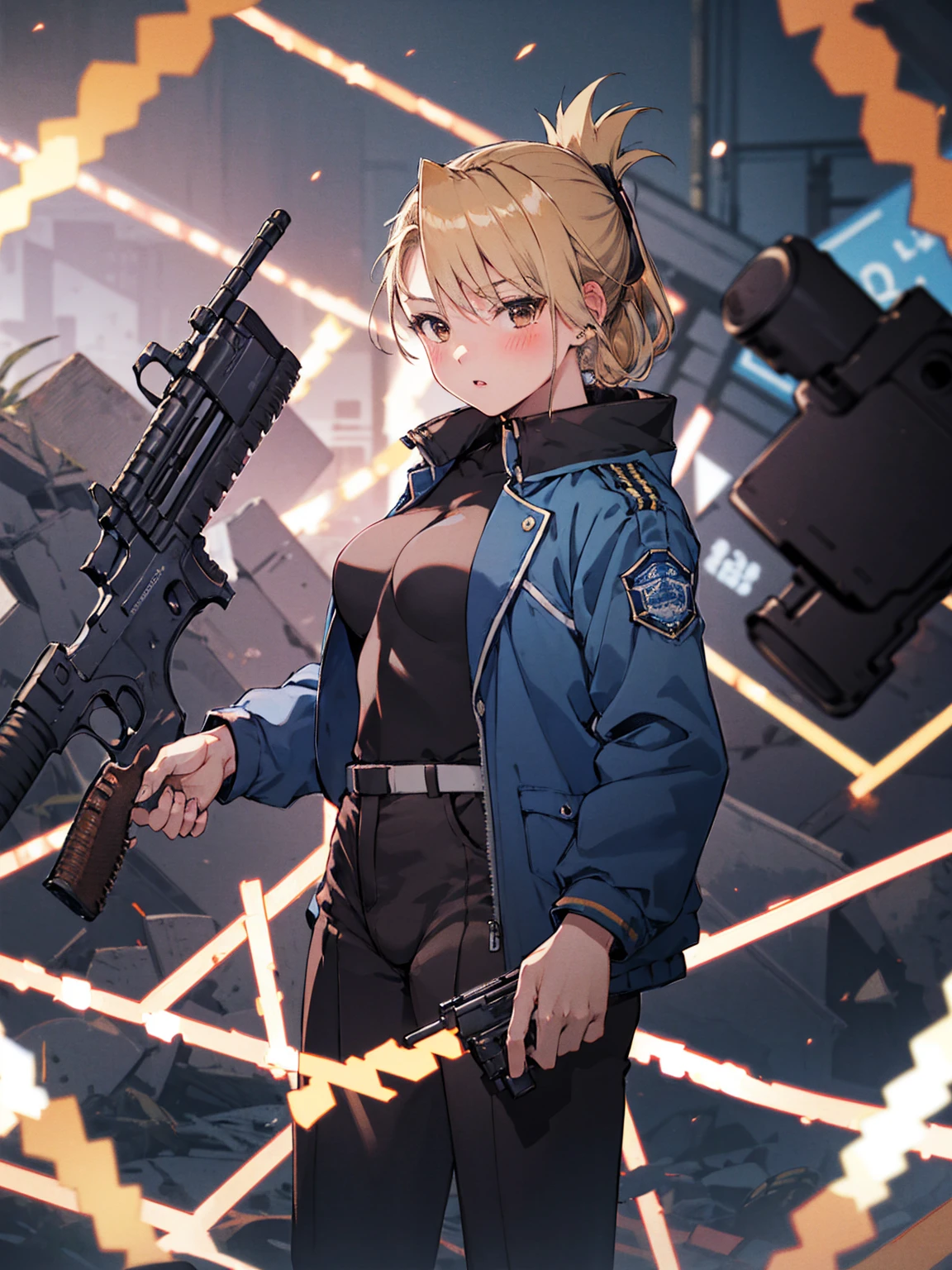 masterpiece, Highest quality, High resolution, One girl, (Blue jacketの下にBlack innerwearを着ている), Folded ponytail, Brown eyes, , uniform, Blue jacket, Blue pants, ,Big Breasts, Black innerwear, (Bend down and shoot your gun:1.3), blush, (Ready your gun?)