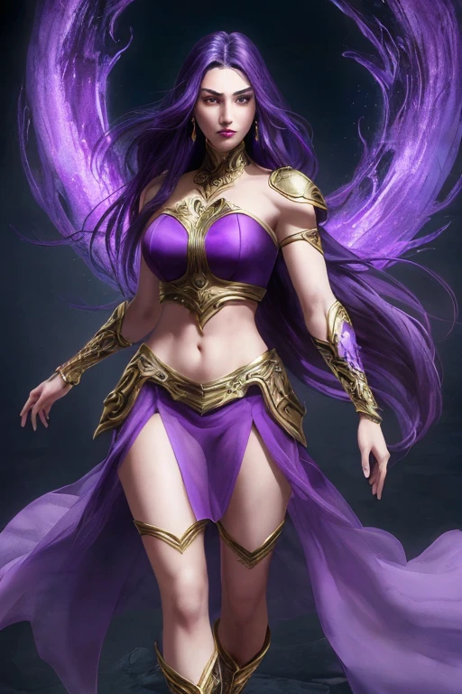 Video Game character, Sorceress, 25 years old, dark skin, dark skinned female, long purple hair, purple eyes, purple lips, purple eyeliner, covered in tattoos, (Wearing: strapless top, loincloth, golden bracelets1.2). Whole body, Casual pose, Beautiful pose, (Extremely detailed CG 8k wallpaper), (Extremely delicate and beautiful), (Masterpiece), (Best quality: 1.0), (Ultra-high resolution: 1.0), Beautiful lighting, Perfect lighting, Realistic shadows, [high resolution], Detailed skin, Super detailed (((Colorful))), Digital art, Fire Emblem concept art, full body concept art, Expert concept art with high detail, concept-art, rpg game concept art, concept-art, Yusuke Kozaki style, Video game concept art, 4K, full body portrait
