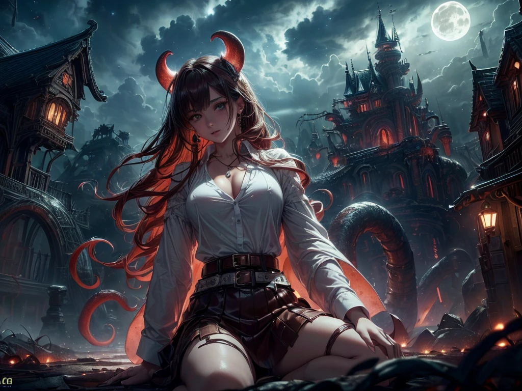 ((1 girl, One, mature , lush, White shirt, brown belt, jewelry, lace, brown skirt, necklace, earrings )),((girl undresses in front of the viewer,from below erotically reclining or sitting, Capture the moment, when her clothes come off )) shiny skin, shiny body, cat ear, Red hair (Very long hair), floating hair, yellow eye, bright skin, tentacle, big tentacle (tentacles everywhere). (dark lighting) luminous (ancient underground fantasy world) , dynamic angle, depth of field, (((on open air,abandoned Tokyo Disneyland, Moonlight night, starry sky, cloud ))), ((masterpiece)), ((Best quality)), ((top quality)), ((ultra detailed)), ((8 k cg wallpaper)), ((very gentle and beautiful)), ((illustration)), (A high resolution), in the night, яркий creepy, creepy:1.3, atmospheric:1.6, charming, Dark) Unreal engine, (Best quality,4K,8 k,A high resolution,masterpiece:1.2),ultra detailed,(realistic,photorealistic,photo-realistic:1.37), mesmerizing eyes, juicy lips, A game of shadows, ((small breasts))