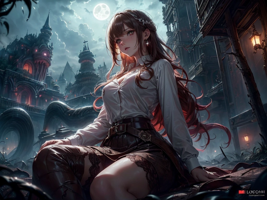 ((1 girl, One, mature , lush, White shirt, brown belt, jewelry, lace, brown skirt, necklace, earrings )),((girl undresses in front of the viewer,from below erotically reclining or sitting, Capture the moment, when her clothes come off )) shiny skin, shiny body, cat ear, Red hair (Very long hair), floating hair, yellow eye, bright skin, tentacle, big tentacle (tentacles everywhere). (dark lighting) luminous (ancient underground fantasy world) , dynamic angle, depth of field, (((on open air,abandoned Tokyo Disneyland, Moonlight night, starry sky, cloud ))), ((masterpiece)), ((Best quality)), ((top quality)), ((ultra detailed)), ((8 k cg wallpaper)), ((very gentle and beautiful)), ((illustration)), (A high resolution), in the night, яркий creepy, creepy:1.3, atmospheric:1.6, charming, Dark) Unreal engine, (Best quality,4K,8 k,A high resolution,masterpiece:1.2),ultra detailed,(realistic,photorealistic,photo-realistic:1.37), mesmerizing eyes, juicy lips, A game of shadows, ((small breasts))