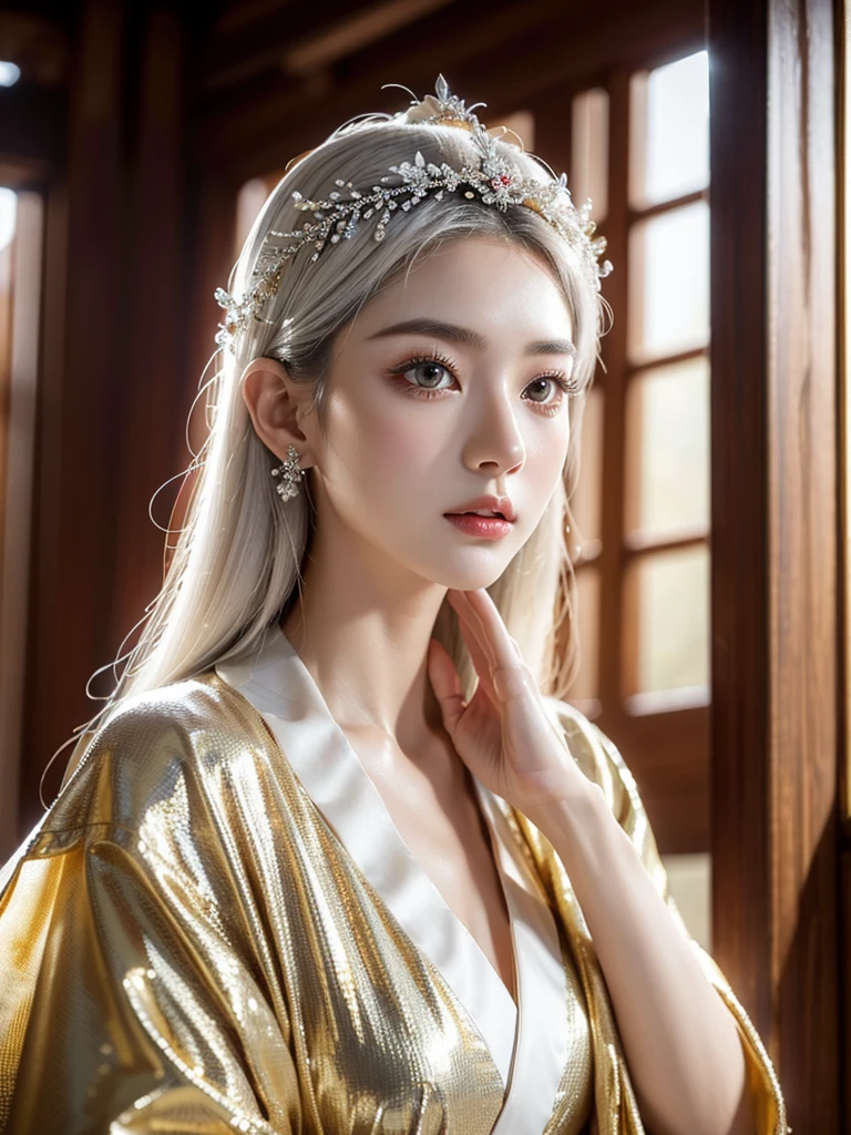 beautiful detailed eyes, beautiful detailed lips, extremely detailed eyes and face, long eyelashes, 1girl, silver hair, pale skin, flawless skin, red and white kimono, ornaments, Ancient temple, dramatic lighting, ethereal, elegant, Serene, vibrant colors, glowing skin, delicate features, intricate details, (best quality,8K,highres,masterpiece:1.2),ultra-detailed,(realistic,photorealistic,photo-realistic:1.37)、Korean national costume、Golden ornaments、ancient ruins、ancient creature