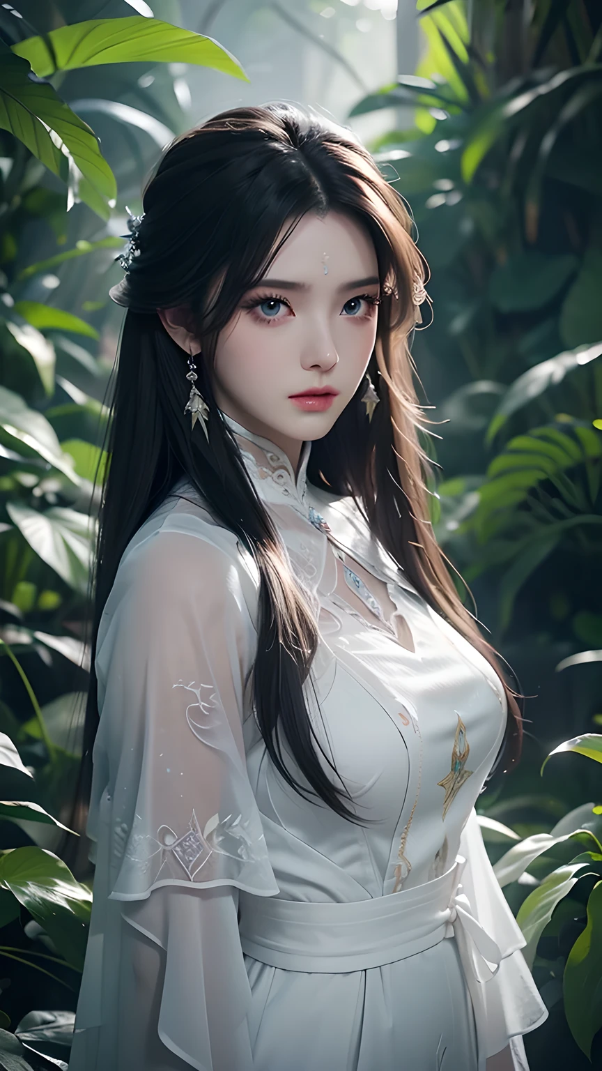 Beautiful semi-three-dimensional style，((Enchanting royal sister))，Oversized upper body，Clothing glows fluorescence，masterpiece，(Best quality)，Warm and cold coordination，，(Extremely detailed CG unity 8kwallpaper)，blue eyes，Delicate eyes）（Messy hair），Colored tip，Black inner hair，Intricate filigree，Volumetric Lighting，jungle，Tyndall Effect，A sense of colorful atmosphere，Halation，Best quality，（masterpiece：1.35），wallpaper，（illustration），Original，Delicate accessories，Flowing long hair，Messy hair，Black fog surrounds，Dense forest，Big red lantern，A large number of light particles，magic，Flowing ripples，(Best quality)，Fine details，Watercolor effect，Ink splash，Pink floating clouds，lightning，Hydration，gradient，Extra long hair，Delicate face，((Exquisite facial features)，((Long eyelashes)))，((Enchanting and charming))，Red pupils，Classical temperament，cartoon，Beautiful and exquisite，Jungle Adventure，Temperament confidence，8K，Women's whole body，arrogant，enthusiasm，Beauty，(Full body close-up)，Dreamy and beautiful，Depth of Field，Macro lens，Queen temperament，Sexy long legs，Big boobs。