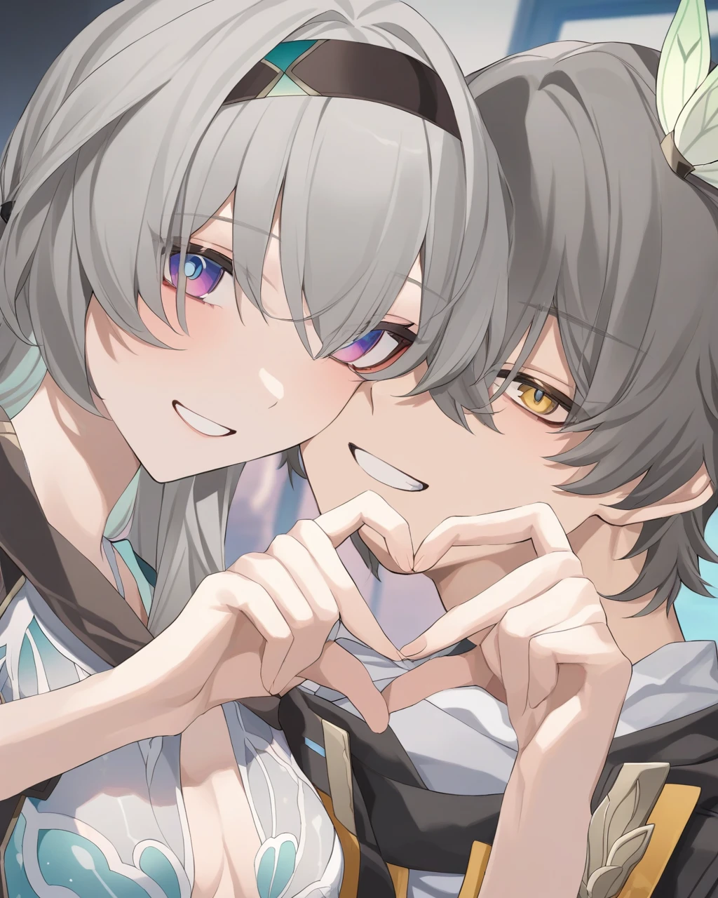masterpiece,best quality,11boy,1girl,portrait,heart hands,heart hands duo,grin,smile,grey hair,long hair,hair ornament,medium breasts,breasts,caelus \(honkai: star rail\),commentary request,firefly \(honkai: star rail\),hair between eyes,headband,heart,honkai: star rail,honkai \(series\),looking at viewer,purple eyes,raimu \(asarisigimi\),trailblazer \(honkai: star rail\),