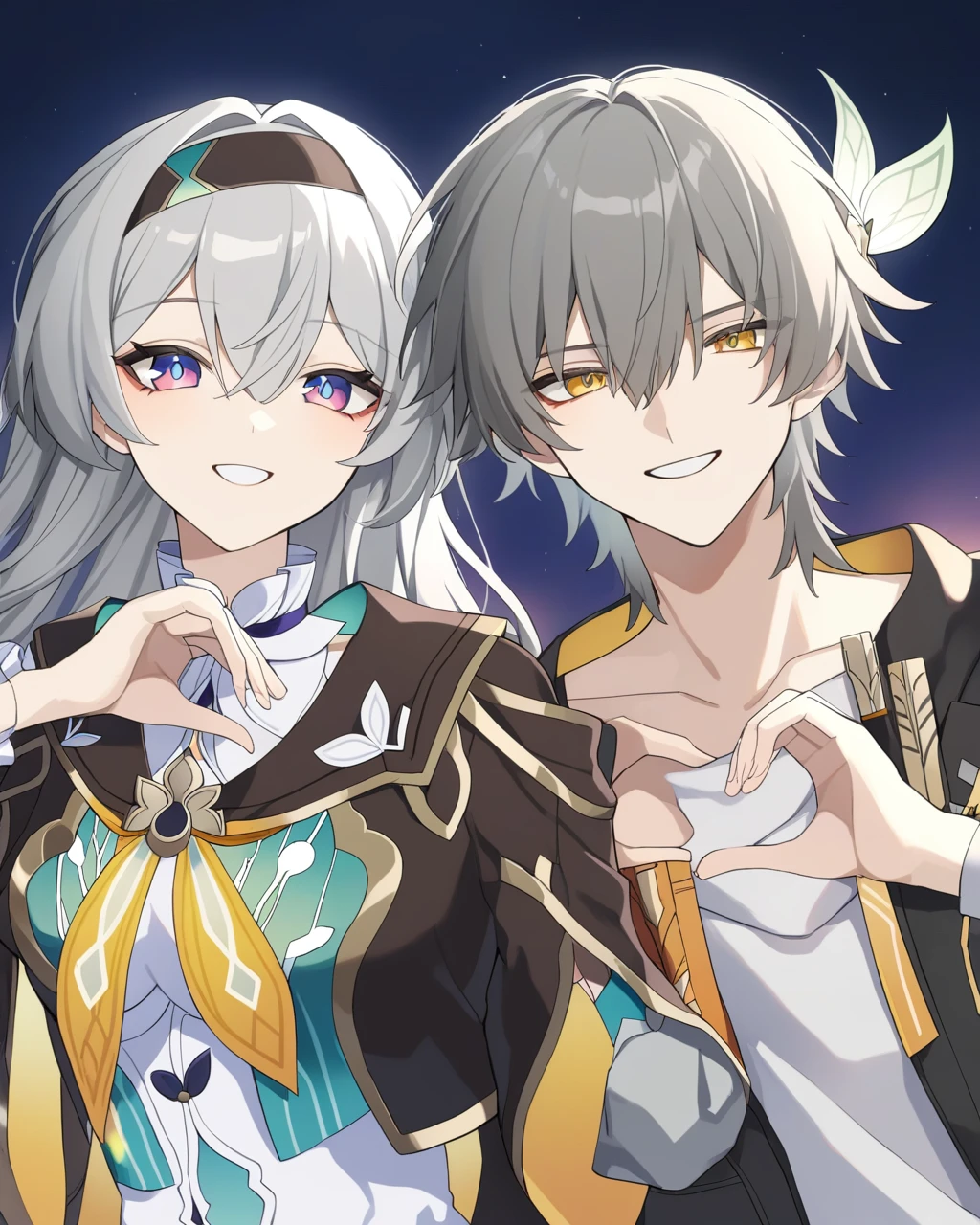 masterpiece,best quality,11boy,1girl,portrait,heart hands,heart hands duo,grin,smile,grey hair,long hair,hair ornament,medium breasts,breasts,caelus \(honkai: star rail\),commentary request,firefly \(honkai: star rail\),hair between eyes,headband,heart,honkai: star rail,honkai \(series\),looking at viewer,purple eyes,raimu \(asarisigimi\),trailblazer \(honkai: star rail\),