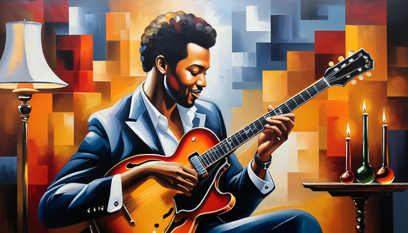 masterpiece, Highest quality, Oil painting, jazz, guitar,