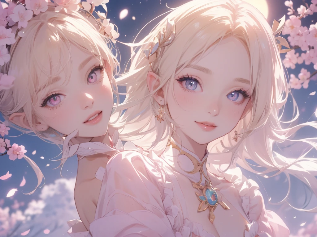 work of art, ultra creative, epic details, ultra detaild, best resolution, Woman, blonde, (BEAUTIFUL ELF), {wreath on head} ((rosto angelical)), sculptural body, pink outfit, ((perfect hands))), pink scenery, no mistakes, (((rosto ultra detaild ))), ((( olhos ultra detailds ))) glad, (expression of joy), (big smile on your face), Simple smile, moon in the background, Sakura petals around