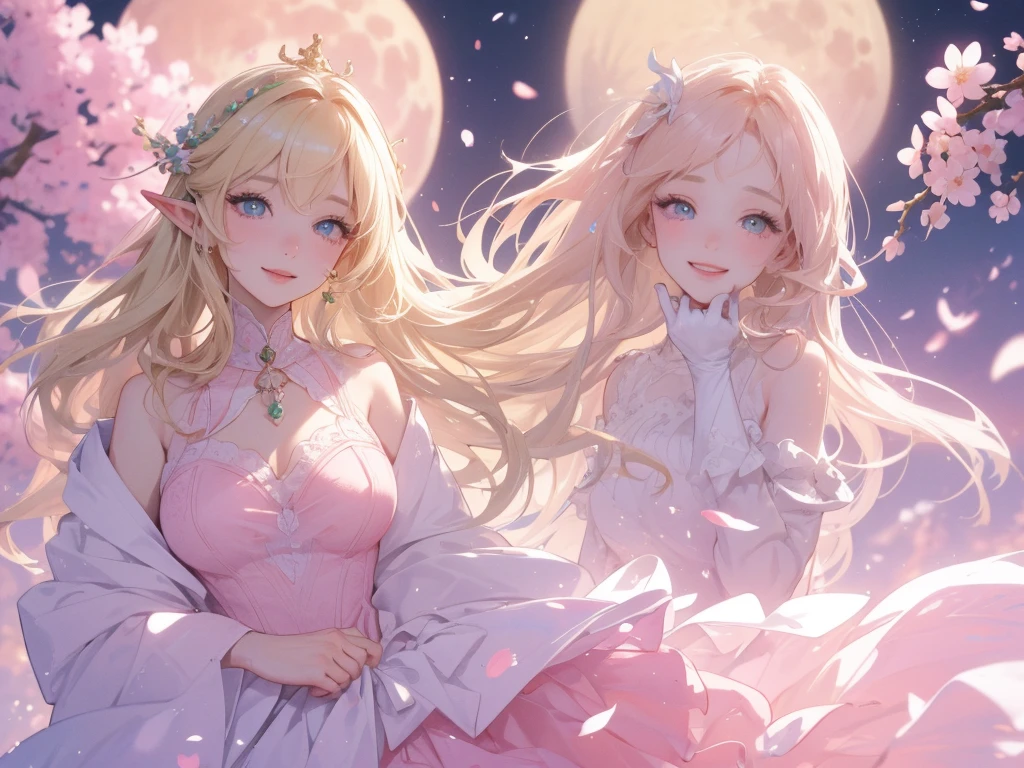 work of art, ultra creative, epic details, ultra detaild, best resolution, Woman, blonde, (BEAUTIFUL ELF), {wreath on head} ((rosto angelical)), sculptural body, pink outfit, ((perfect hands))), pink scenery, no mistakes, (((rosto ultra detaild ))), ((( olhos ultra detailds ))) glad, (expression of joy), (big smile on your face), Simple smile, moon in the background, Sakura petals around