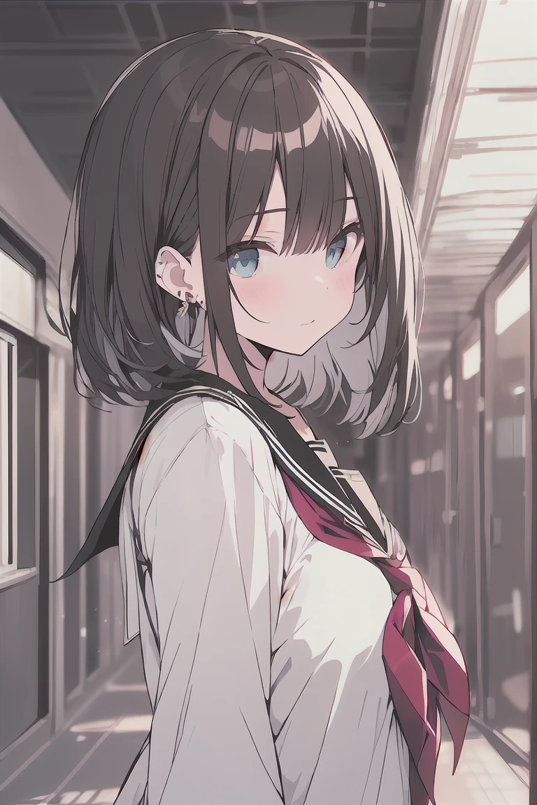 (best quality), (Super detailed), (Best Illustration), (masterpiece), score_9, score_8_up, score_7_up, 4k, from side, high contrast, {(serafuku:1.2)}, (large breasts), {brown hair, (sideburns), (bob cut:1.3), curly hair, hairs between eyes, colored inner hair}, {(detailed eyes), blue eyes}, blush, earring, wind, (school hallway),