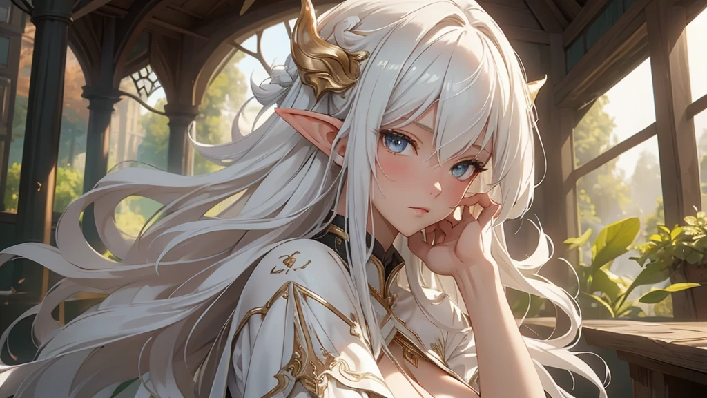 1 girl, Beautiful girl, White hair, "Elf with a captivating look, unearthly beauty, flowing golden hair, pointed ears, dressed in elaborate elven attire, surrounded by a mystical forest, soft sunlight, breaking through lush greenery.", Asian skin tone, Beautiful eyes, beautiful asian face, , long hair, masterpiece, , realistic hair, a lot of hair, White hair, depth of field, point of interest, depth of field is masterpiece, best photography composition masterpiece,  rule of third masterpiece photography, daylight, photography masterpiece daylight from side, realistic skin texture, strong reflection, ( pose pinterest) masterpiece beautiful, Devil's Horns, smooth pixel, ray of light, soft light, permission 8k、complex parts、Toned waist、Wide 、Эффект Тиндаллаmasuter piece、top quality、Highest standards、Highest image quality、table、complex parts、A high resolution、depth of field、natural soft light、professional lighting、about, standing, very long hair, cowboy shot, brilliant, brilliant hair, (night:1.2),Dreamy, [[gentle fingers and hands:0.55]::0.85],(detailed fingers),),(emotional),(breathtaking),(main part:1.2) whole body.), (Anime Style), (Super Detailed), (brutal), (uhd, HDR), (8K), (High Resolution: 1.2), (Complex and Beautiful: 1.2)